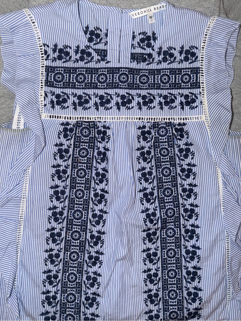 Veronica Beard Navy Embroidered Blue-White Striped Blouse